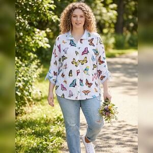John Mark Butterfly Print Button Down Blouse White Plus Size 0X 3/4 Sleeve‎ Tie